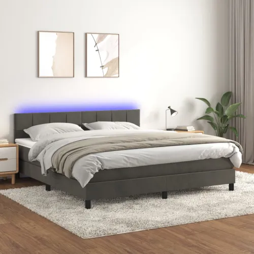 Krevet box spring s madracem LED tamnosivi 180x200 cm baršun - Tamno siva 180 x 200 cm Blok s kvadratima Tamno siva Cijena