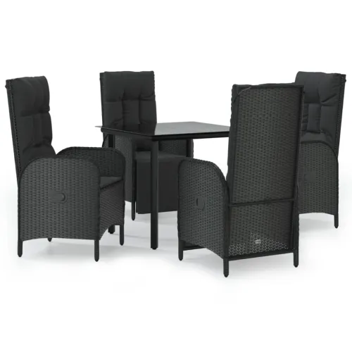 Vrtna garnitura - 5-dijelni vrtni blagovaonski set s jastucima od poliratana crni - Crna Dužina stola 80 cm 2x stolica + 2x fote Cijena
