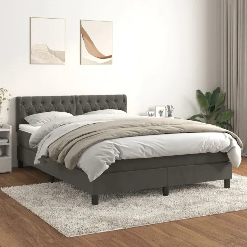 Boxspring - Krevet s oprugama i madracem tamnosivi 140x200 cm baršunasti - Tamno siva 140 x 200 cm Dizajn s gumbima Cijena