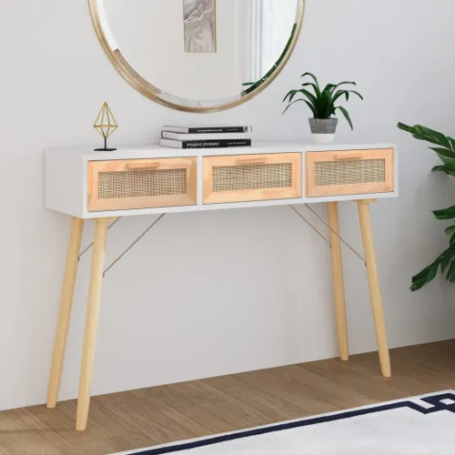 Konzolni stol bijeli 105 x 30 x 75 cm borovina i prirodni ratan - Bijela 1 Bijela Cijena