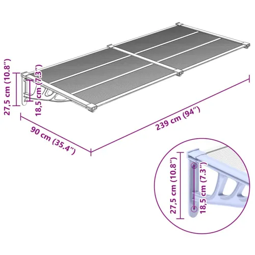 Nadstrešnica za vrata siva i prozirna 239 x 90 cm polikarbonat - 239 x 90 cm Cijena