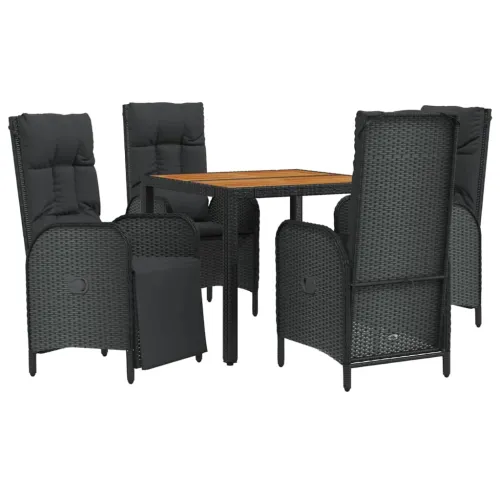 Vrtna garnitura - 5-dijelni vrtni blagovaonski set s jastucima od poliratana crni - Dužina stola 90 cm 2x stolica + 2x fotelja + Cijena