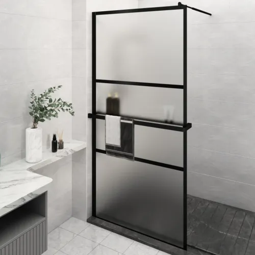 Pregrada za tuš s policom crna 115x195 cm staklo ESG i aluminij - Crna 115 x 195 cm Matirano Cijena