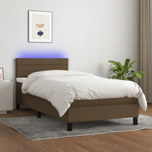 Krevet box spring s madracem LED tamnosmeđi 100x200 cm tkanina - Tamno smeđa 100 x 200 cm vodoravne pruge Cijena