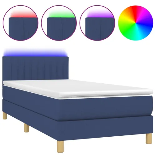 Krevet box spring s madracem LED plavi 90x190 cm od tkanine - Plava 90 x 190 cm Okomite pruge Plava Cijena
