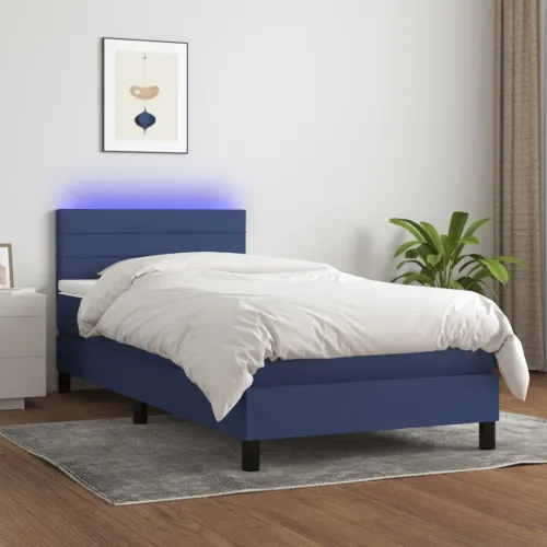 Krevet box spring s madracem LED plavi 90x200 cm od tkanine - Plava 90 x 200 cm vodoravne pruge Cijena