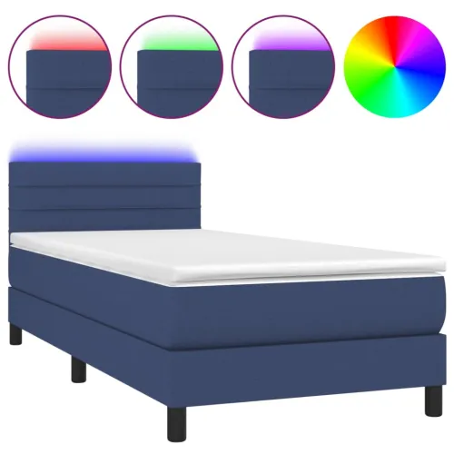 Krevet box spring s madracem LED plavi 90x200 cm od tkanine - Plava 90 x 200 cm vodoravne pruge Cijena