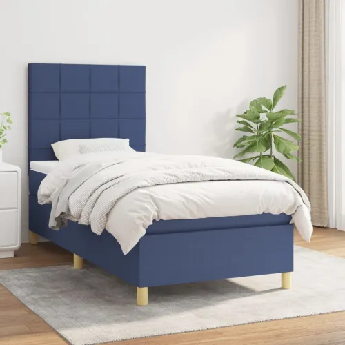 Boxspring - Krevet s oprugama i madracem plavi 100 x 200 cm od tkanine - Plava 100 x 200 cm Blok s kvadratima Cijena
