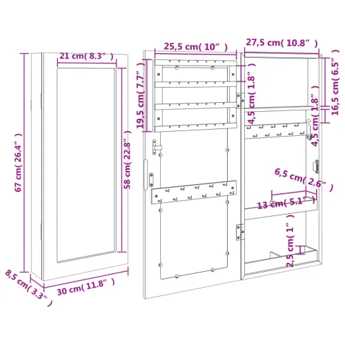Zidni ormarić za nakit s ogledalom bijeli 30 x 8,5 x 67 cm - Bijela 1 Cijena