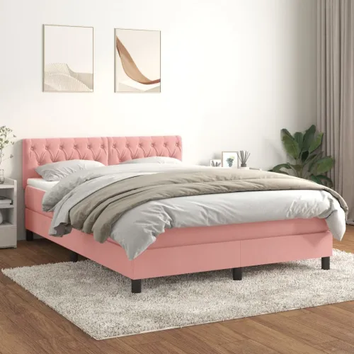 Boxspring - Krevet s oprugama i madracem ružičasti 140x190 cm baršunasti - Ružičasta 140 x 190 cm Dizajn s gumbima Cijena