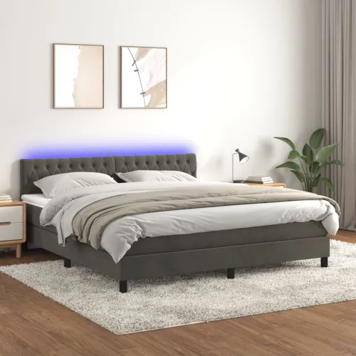 Krevet box spring s madracem LED tamnosivi 180x200 cm baršun - Tamno siva 180 x 200 cm Dizajn s gumbima Tamno siva Cijena
