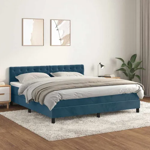 Boxspring - Krevet s oprugama i madracem tamnoplavi 160x200 cm baršunasti - Tamno plava 160 x 200 cm Dizajn s gumbima Cijena
