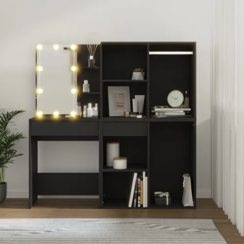 LED toaletni stolić s ormarićima crni od konstruiranog drva Cijena