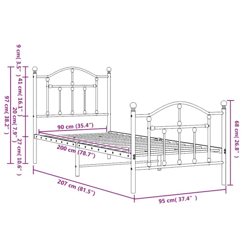 Metalni okvir kreveta uzglavlje i podnožje crni 90 x 200 cm - Crna 90 x 200 cm s uzglavljem i podnožjem Cijena