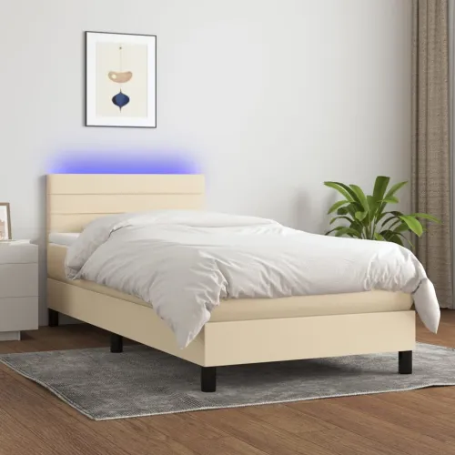 Krevet box spring s madracem LED krem 90x190 cm od tkanine - Krema 90 x 190 cm vodoravne pruge Cijena