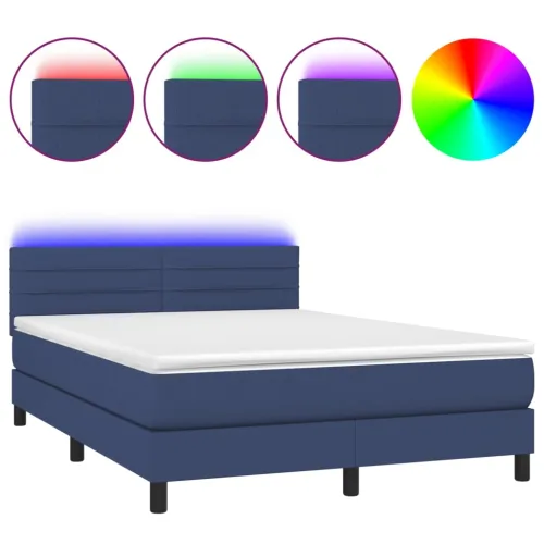 Krevet box spring s madracem LED plavi 140x190 cm od tkanine - Plava 140 x 190 cm vodoravne pruge Cijena