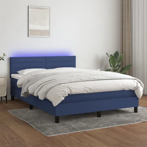 Krevet box spring s madracem LED plavi 140x190 cm od tkanine - Plava 140 x 190 cm vodoravne pruge Cijena