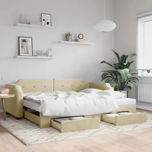 Dnevni krevet na razvlačenje s ladicama krem 80x200 cm tkanina - Krema 80 x 200 cm s krevetom na izvlačenje i ladicom Krema Cijena