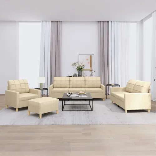 4-dijelni set sofa s jastucima krem od tkanine - Krema s jastučićima i tabureom Cijena