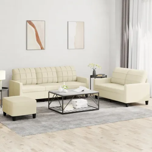 3-dijelni set sofa s jastucima krem od umjetne kože - Krema s jastučićima i tabureom Cijena