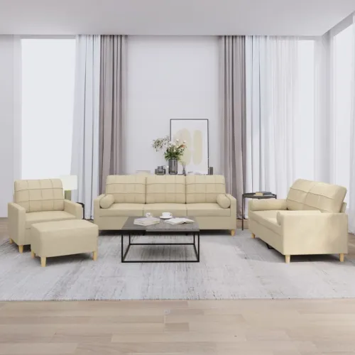 4-dijelni set sofa s jastucima krem od tkanine - Krema s jastucima i tabureom Cijena