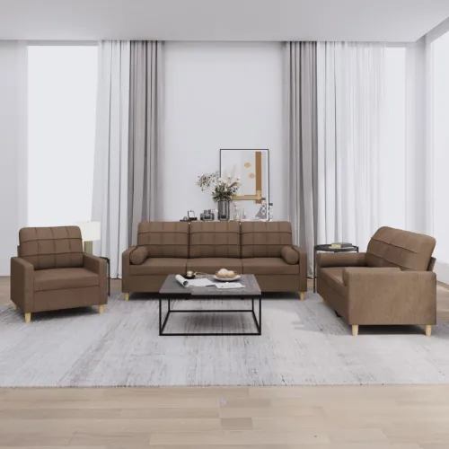 3-dijelni set sofa s jastucima smeđi od tkanine - Smeđa s jastučićima Cijena