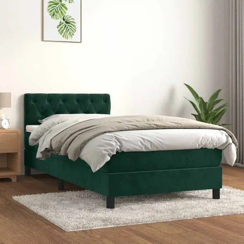 Box spring krevet s madracem tamnozeleni 90x190 cm baršunasti - Tamnozelena 90 x 190 cm Dizajn s gumbima Cijena