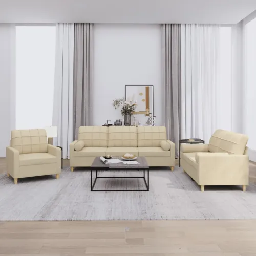 3-dijelni set sofa s jastucima krem od mikrovlakana - Krema s jastučićima Cijena