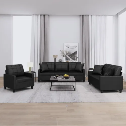 3-dijelni set sofa s jastucima crna od umjetne kože - Crna s jastučićima Cijena