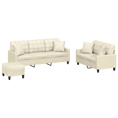 3-dijelni set sofa s jastucima krem od umjetne kože - Krema s jastucima i tabureom Cijena