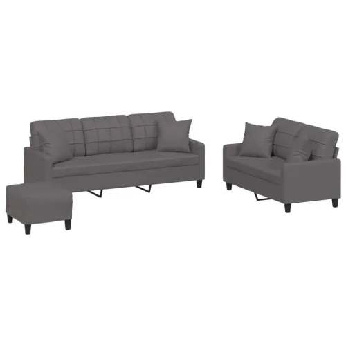3-dijelni set sofa s jastucima sivi od umjetne kože - Siva s jastucima i tabureom Cijena