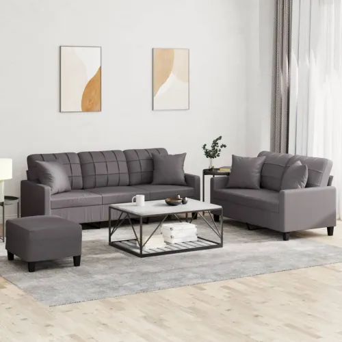 3-dijelni set sofa s jastucima sivi od umjetne kože - Siva s jastucima i tabureom Cijena