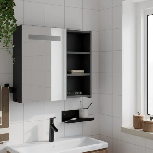 Kupaonski ormarić s ogledalom i LED svjetlom crni 60x13x52 cm - Crna 60 x 13 x 52 cm Cijena