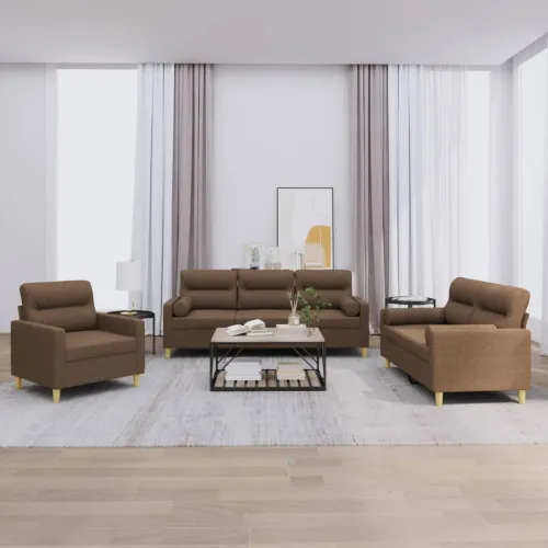 3-dijelni set sofa s jastucima smeđi od tkanine - Smeđa s jastučićima Cijena