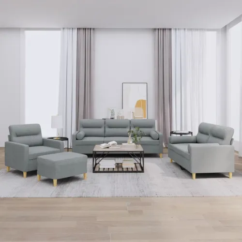 4-dijelni set sofa s jastucima svjetlosivi od tkanine - Svjetlosiva s jastucima i tabureom Cijena