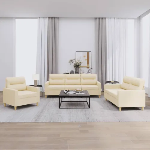 3-dijelni set sofa s jastucima krem od tkanine - Krema s jastučićima Cijena