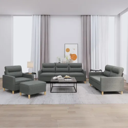 4-dijelni set sofa s jastucima tamnosivi od tkanine - Tamno siva s jastučićima i tabureom Tamno siva s jastučićima i tabureom Cijena