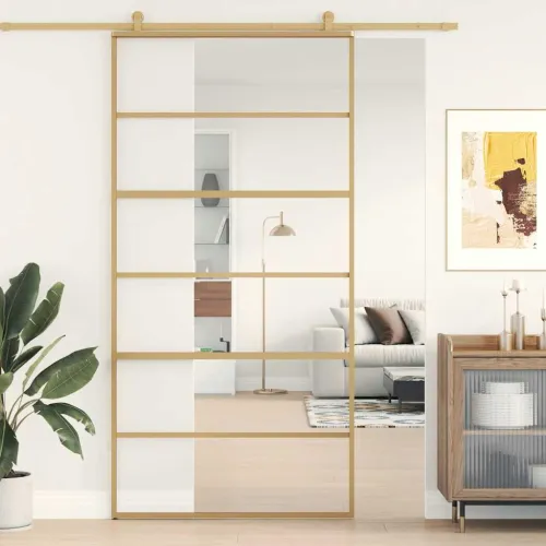 Klizna vrata zlatna 102,5x205 cm prozirno staklo ESG i aluminij - Zlatno 102.5 x 205 cm 5 vodoravnih šipki Cijena