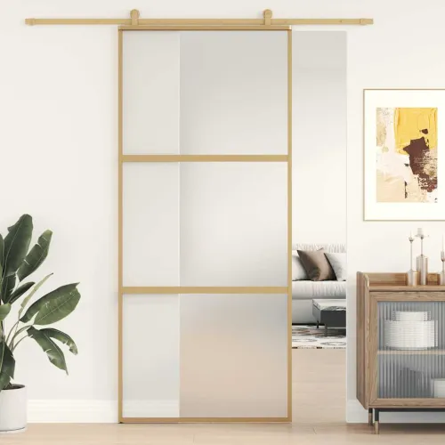 Klizna vrata zlatna 90 x 205 cm matirano staklo ESG i aluminij - Zlatna i mat 90 x 205 cm 2 vodoravne šipke Cijena
