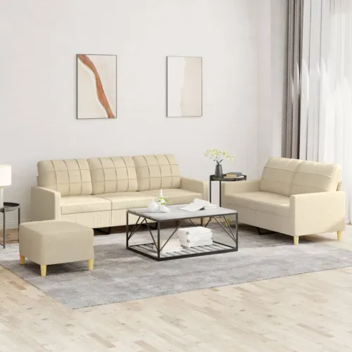 3-dijelni set sofa s jastucima krem od tkanine - Krema s jastučićima i tabureom Cijena