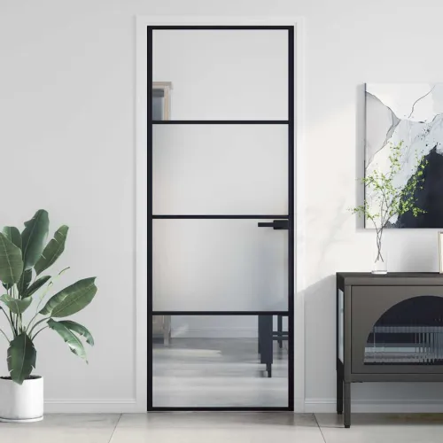 Sobna vrata tanka crna 76 x 201,5 cm kaljeno staklo i aluminij - Crna, prozirna i mat 76 x 201.5 cm 3 vodoravne šipke Cijena
