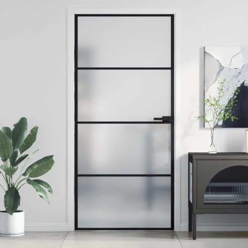 Sobna vrata tanka crna 93x201,5 cm kaljeno staklo i aluminij - Crna i mat 93 x 201.5 cm 1 3 vodoravne šipke Cijena