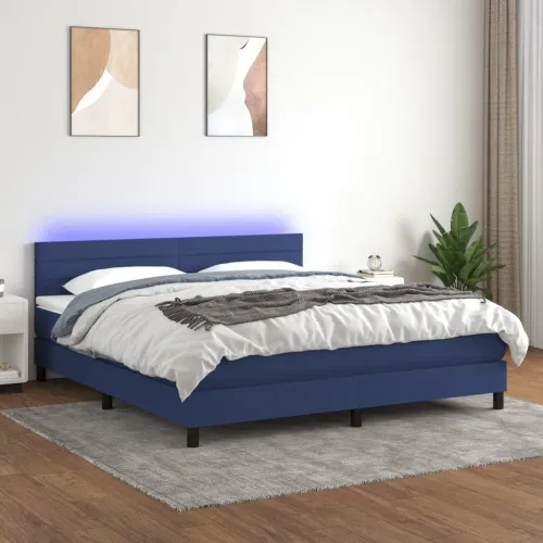 Krevet box spring s madracem LED plavi 180x200 cm od tkanine - Plava 180 x 200 cm vodoravne pruge Cijena