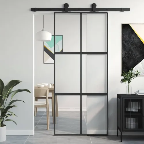 Klizna vrata crna 90 x 205 cm od kaljenog stakla i aluminija - Crna, prozirna i mat 90 x 205 cm Rešetke 3 x 2 Cijena