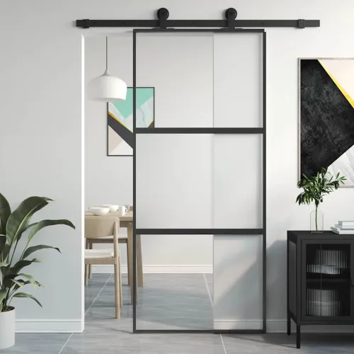 Klizna vrata crna 90 x 205 cm od kaljenog stakla i aluminija - Crna, prozirna i mat 90 x 205 cm 2 vodoravne šipke Cijena