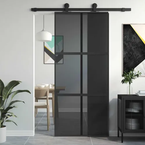 Klizna vrata crna 90 x 205 cm od kaljenog stakla i aluminija - Crna 90 x 205 cm Rešetke 3 x 2 Cijena