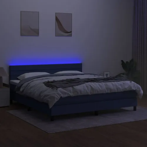 Krevet box spring s madracem LED plavi 160x200 cm od tkanine - Plava 160 x 200 cm vodoravne pruge Cijena