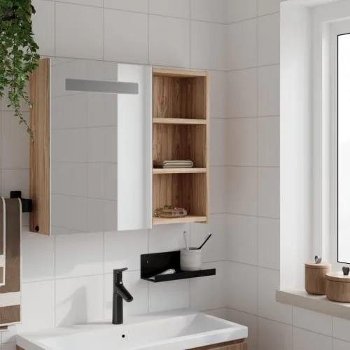 Kupaonski ormarić s ogledalom i LED svjetlom boja hrasta - Boja hrasta 60 x 13 x 52 cm 1 Cijena