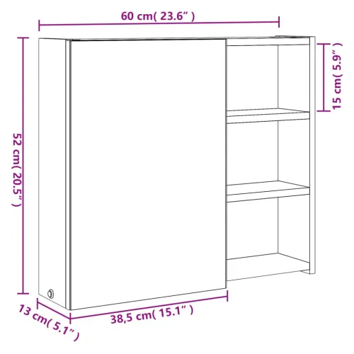 Kupaonski ormarić s ogledalom i LED svjetlom boja hrasta - Boja hrasta 60 x 13 x 52 cm 1 Cijena