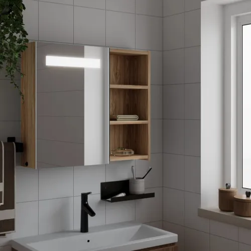 Kupaonski ormarić s ogledalom i LED svjetlom boja hrasta - Boja hrasta 60 x 13 x 52 cm 1 Cijena